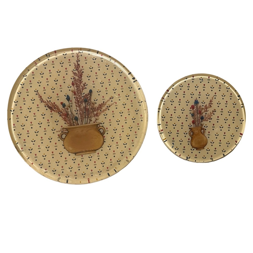 Dried Flower Art Lucite Trivet Set of 2